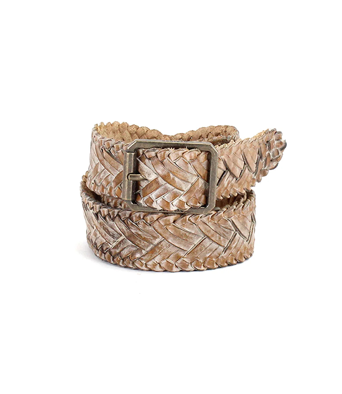 Trestles Clothing Company Proem Belt, a handwoven brown leather belt with a vintage metal buckle and rugged texture.